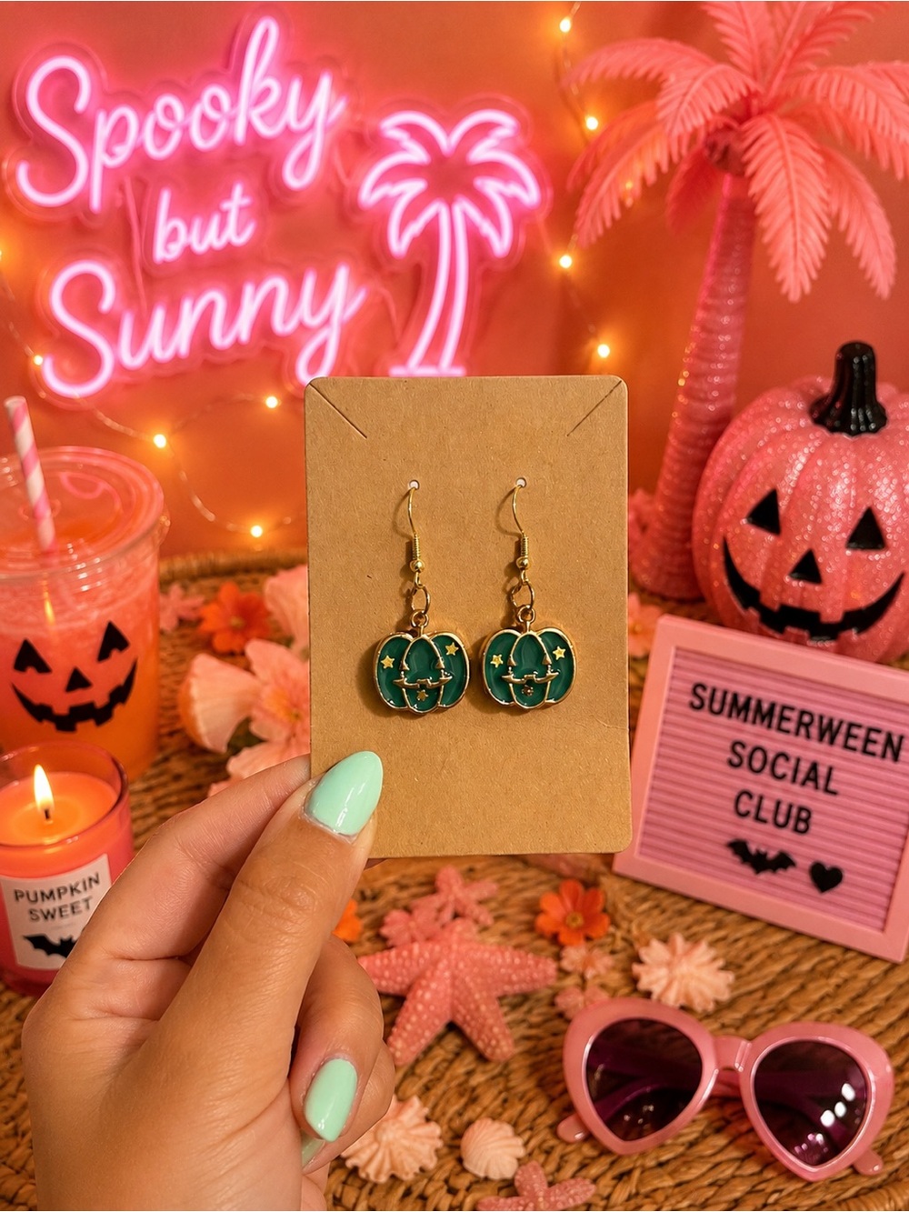 Summerween Green Pumpkin Star Earrings - Halloween Dangle Earrings